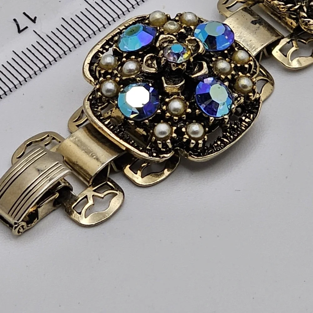 Vintage Florenza Style Floral Link Bracelet Gold Tone Blue Gold Pearl 8 Inches